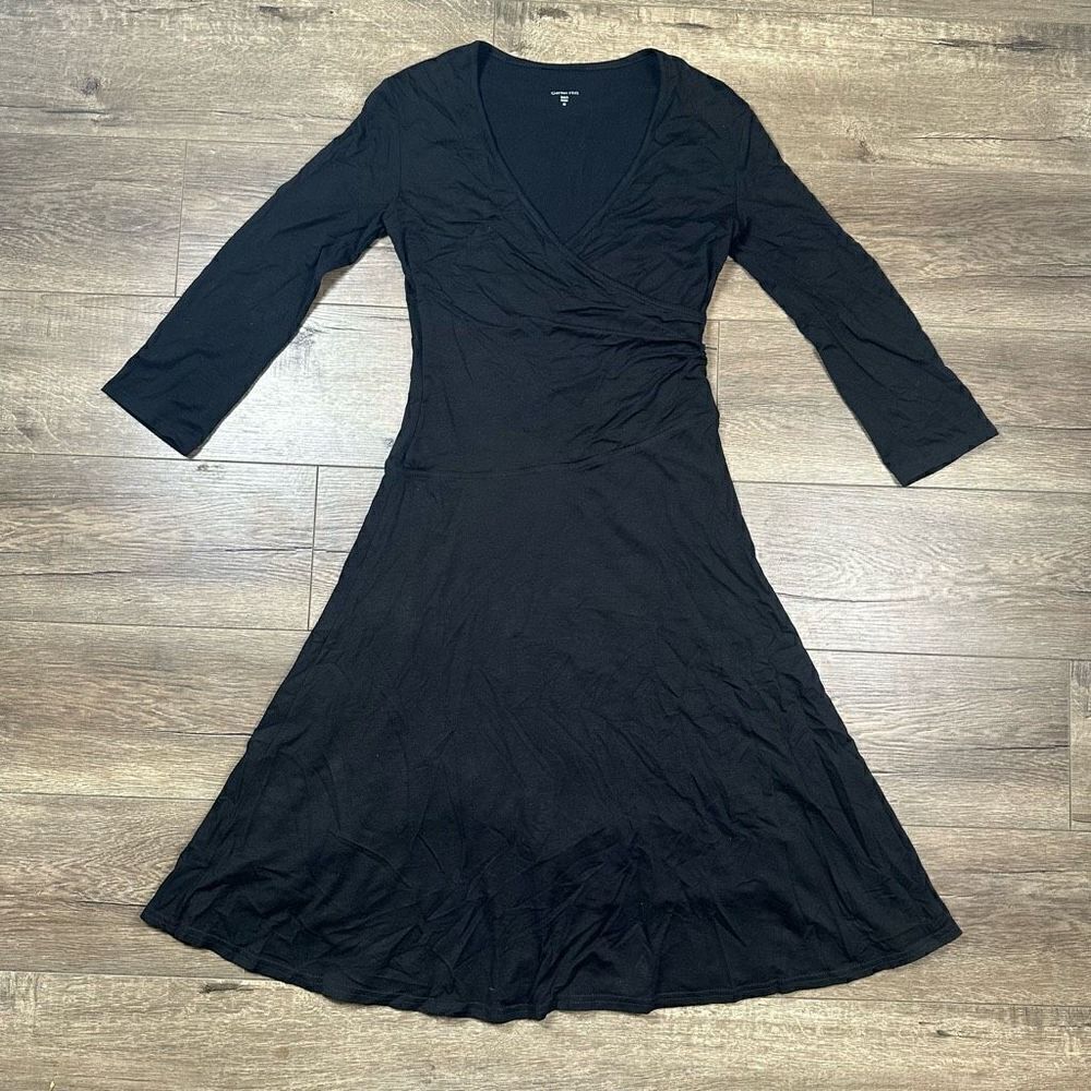 Garnet Hill Women’s Size XS Fit And Flare Dress Black Long Sleeve V Neck